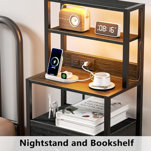Furnulem 3-Drawer Tall Nightstand with Charging Station - Black Oak