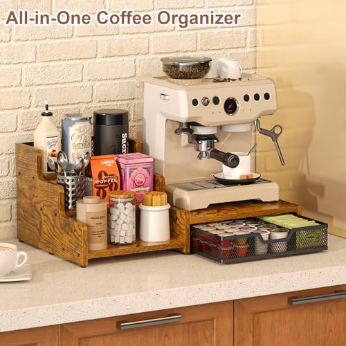 Coffee Station Organizer with K Cup Holder - Rustic Brown, 28 Pod Capacity, 3-Tier Syrup Rack