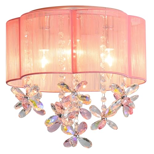 Pink Mini Chandelier Ceiling Light - 13-Inch Crystal Flush Mount with Handmade Flower Lampshade for Girls' Bedroom, Nursery, Dinning Room - Variation: Pink / 13" Ceiling