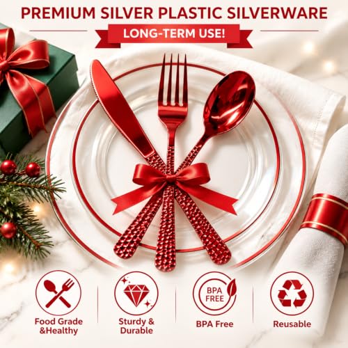 MiraFure 150 Count Red Hammered Heavy Duty Plastic Cutlery Set - 50 Forks, 50 Spoons, 50 Knives (Variation: 150 Count Red Set)