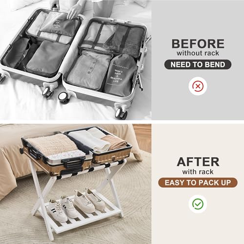 White Luggage Rack Set of 2, Fully Assembled Bamboo Suitcase Stands