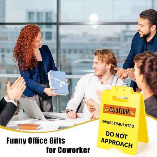 MBL Funny Overstimulated Office Sign - Bosses Day Women Mini Fun Humor Gag Caution Desk Sign Cubicle Decor White Elephant Stocking Stuffers Christmas Xmas Holiday Gift for Men Coworker Team Teammate