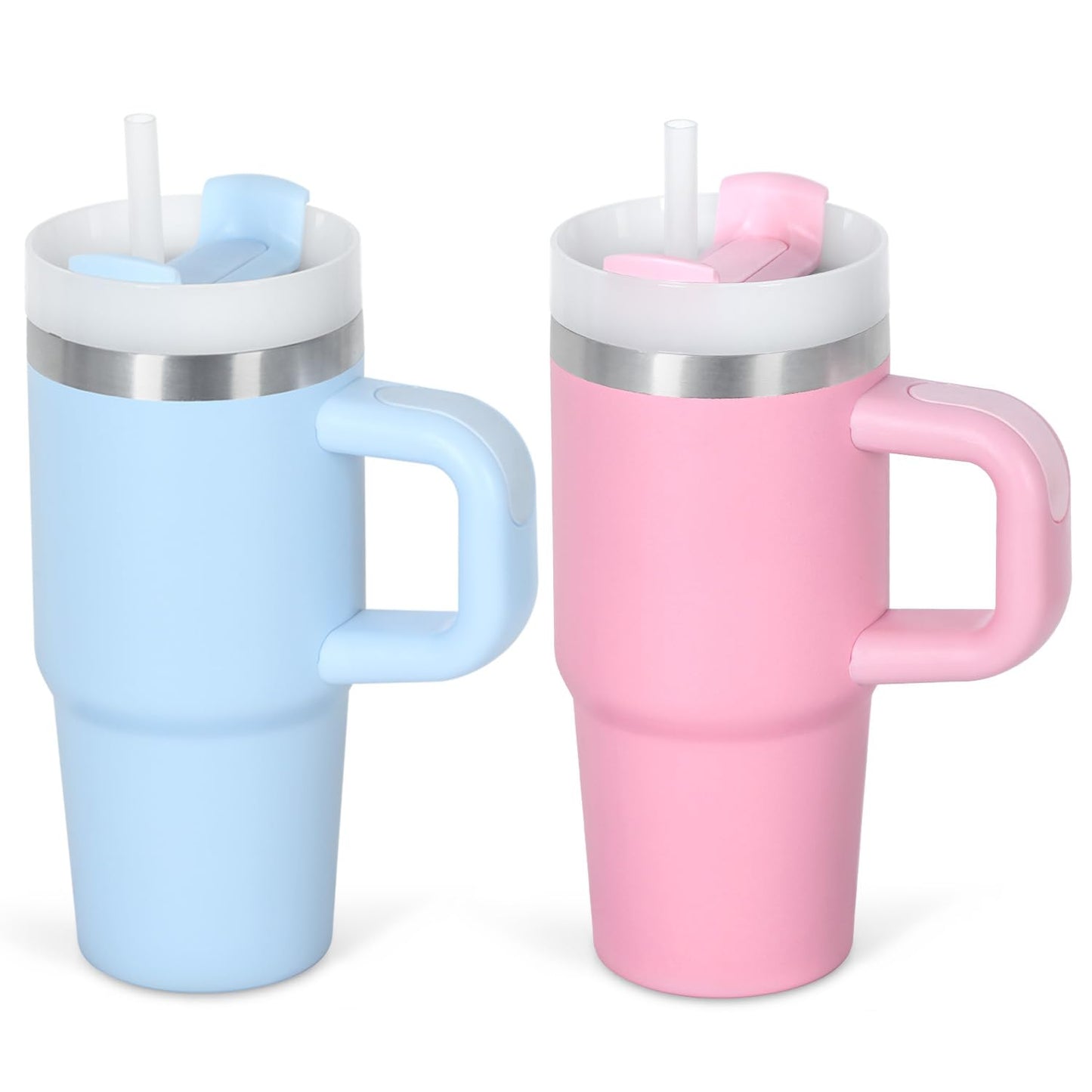 Cosictic 14 Oz Tumbler with Handle and Straw for Kids, Stainless Steel Double Wall Vacuum Insulated Cup for Children, 14 Oz Cups for Kids (Sky Blue, Pink)