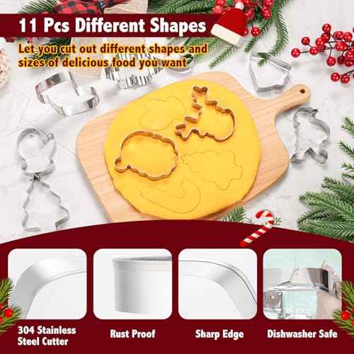 Christmas Cookie Cutters, 11 pieces Cookie Cutters Shape Set Stainless Steel Biscuit Cutters Mold with Snowflake, Snowman, Bell and More for DIY Christmas Food Party Baking Decorations Supplies