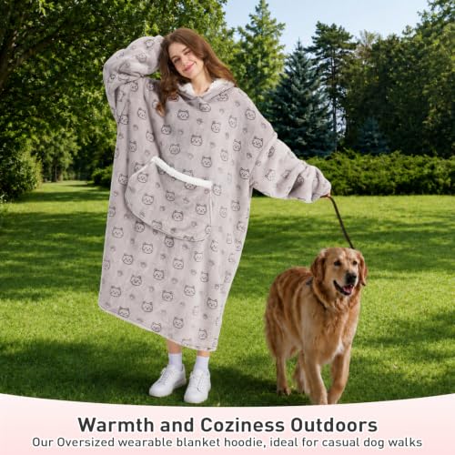 Silver Cat Wearable Blanket Hoodie for Women Men Oversized Sherpa Fleece