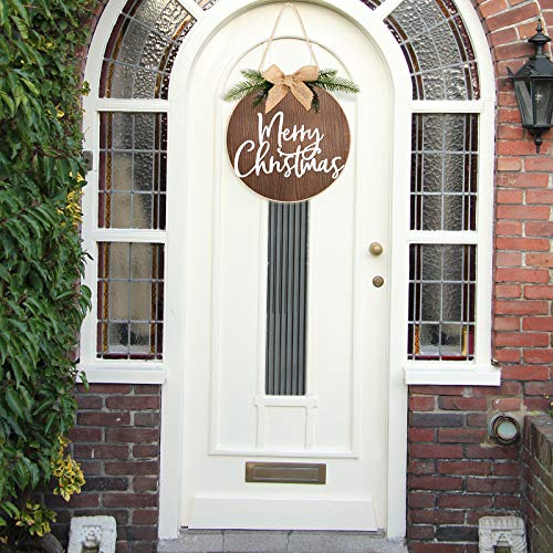 Jetec Merry Christmas Wood Sign Round Front Door Hanging Decor Brown with White Bow