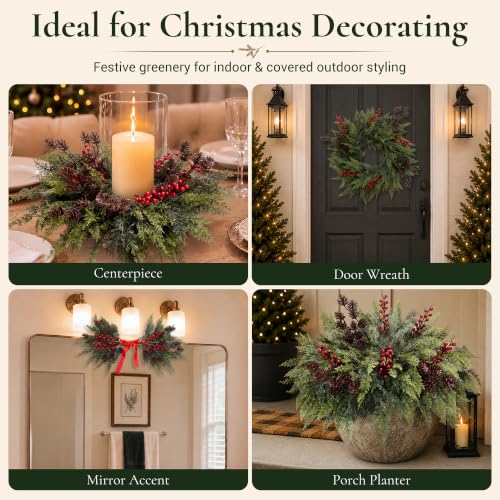 12 Artificial Cedar Stems with Pine Cones & Red Berries - 17.5" Holiday Decor (Variation: 12Cedar Stems+2Big Pinecones+3Red Berry)