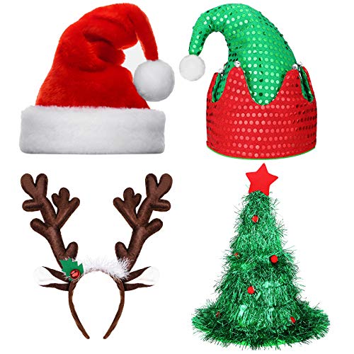 Adult Christmas Hat Set with Santa, Elf, Tree & Reindeer Antler Headband