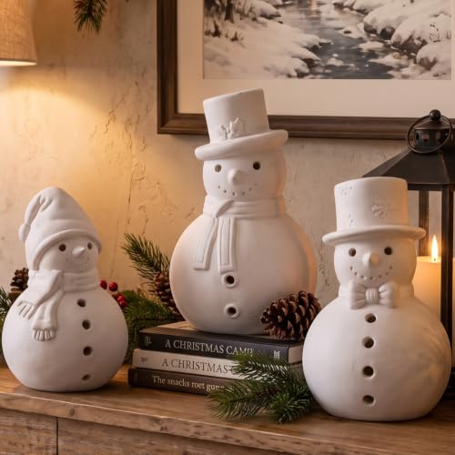 Arrowbash 3-Pack Terracotta Snowman Figurines Ceramic Christmas Decor