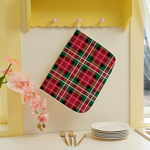 OFIRD Christmas Dish Drying Mat 18x24 in, Red Green Plaid — 24x24 Variant Included
