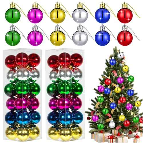 48 Pack Small Christmas Ball Ornaments, Multicolor Glitter Mini Ornaments for Mini Tree, Miniature Plastics Xmas Balls Tree for Christmas Party Decorations