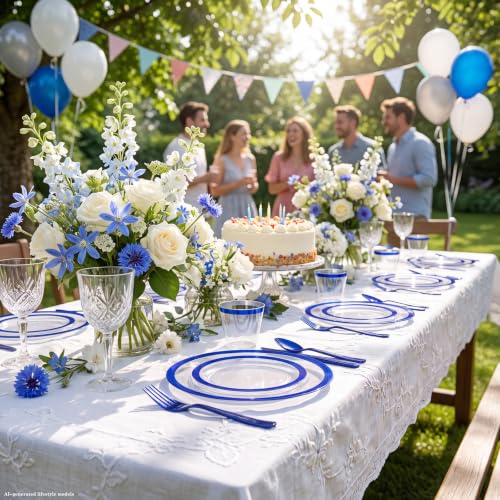 700Pcs Dark Blue Plastic Dinnerware Set for 100 Guests - Clear Plates & Utensils