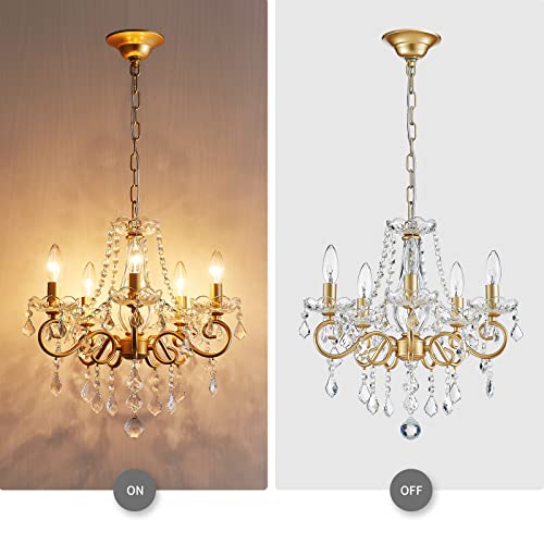 Mini Crystal Chandelier for Living Room & Bedroom - 16.5 Inch Height, Gold Finish, 5 E12 Bulbs, Adjustable Chain