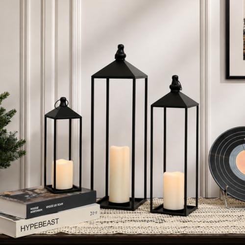 LED Lantern Set with Flameless Candles - 23, 19 & 13 Inches, Timer, Black Metal Decor for Indoor & Outdoor