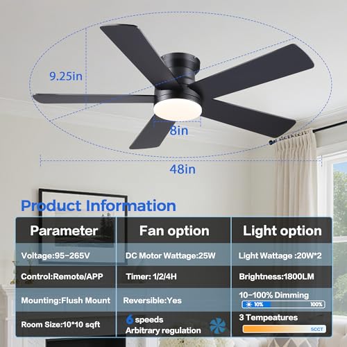 Ayaoty 48in Black Flush Mount Ceiling Fan with Lights, 6-Speed Dimmable Reversible Motor