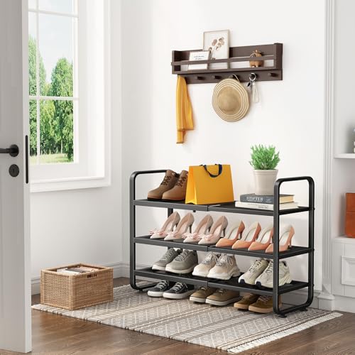 Black Expandable Metal Shoe Rack 3-Tier, Adjustable & Space-Saving Organizer