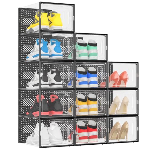 Black XL Shoe Storage Box with Magnetic Door - Stackable Shoe Organizer for Closet