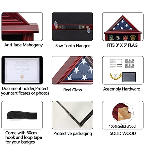 Small Military Shadow Box with Flag Display Case - Mahogany Finish, 3x5 Flag Holder & Certificate Space - Variation of THIS listing