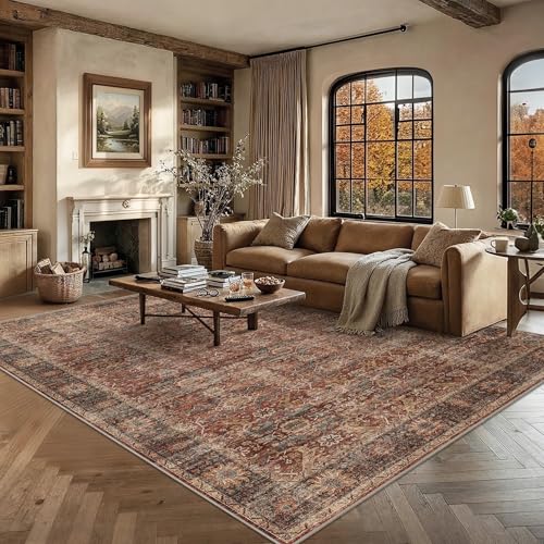 8x10 Brick Red Washable Vintage Area Rug for Living Room & Bedroom - 8'*10' Rectangular