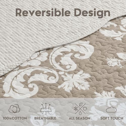 Queen Reversible Cotton Quilt Set Farmhouse Tan Taupe 90x98 Bedding