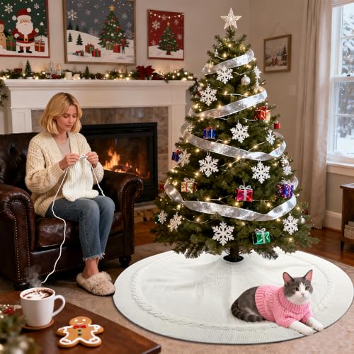 Yuboo Cream Cable Knit Christmas Tree Skirt 36 Inch Boho Farmhouse Decor