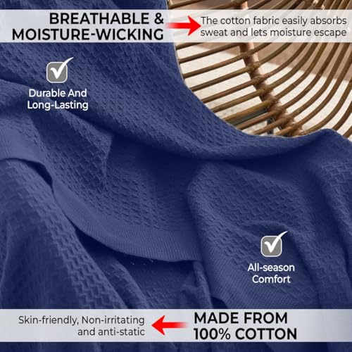 QUBA LINEN Navy Queen 90" x 90" Cotton Waffle Weave Summer Blanket
