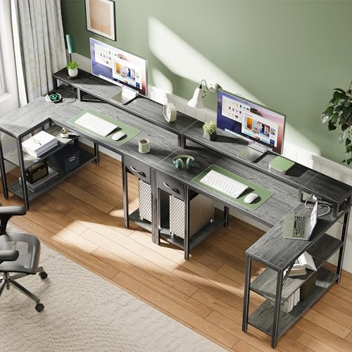 SUPERJARE 47-Inch Reversible L-Shaped Gaming & Office Desk with LED Lights, Power Outlets, Grey - Model 47G