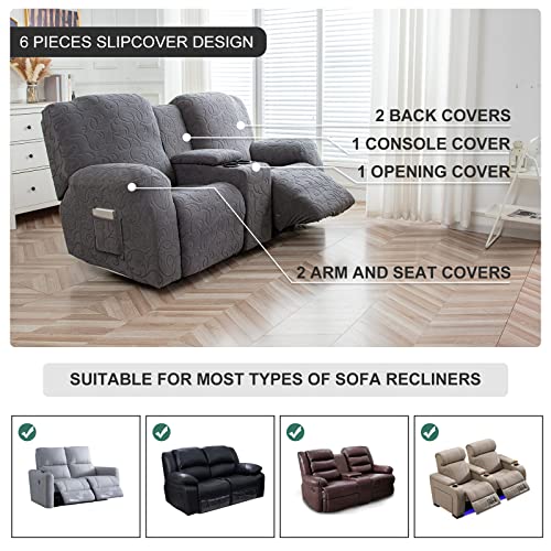 Dark Gray 2-Seater Recliner Loveseat Cover with Center Console, Washable Stretch Sofa Protector
