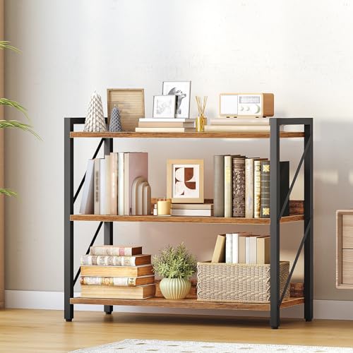 3-Tier Industrial Bookshelf with Metal Frame - Rustic Brown & Black, 32.3L x 11W x 28.5H, Home & Office Storage Organizer