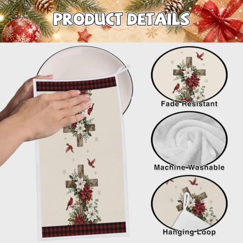 VISSTREE Multi-Poinsettia Cross Christmas Kitchen Towels Set, 2 Pcs Faith Holiday Decor