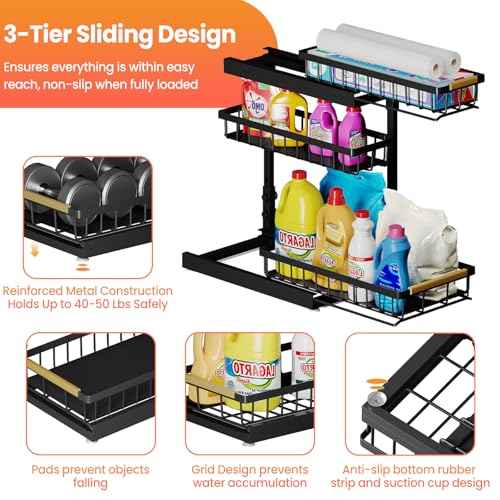 Under Sink Organizer 2 Pack - 3 Tier Adjustable Bathroom & Kitchen Storage - Black