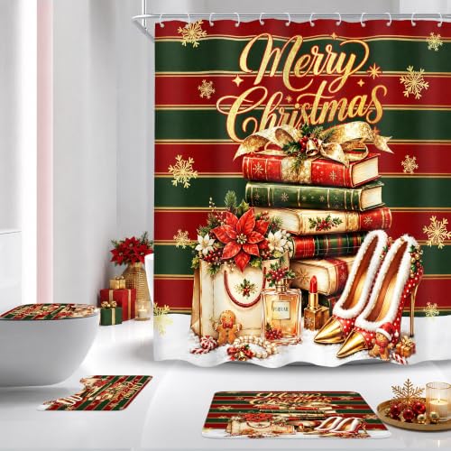 Cinbloo Christmas Bathroom Shower Curtain Set with Rugs A1-Red Green 72x72 Inches, Pack of 4