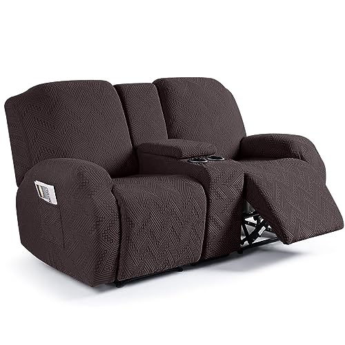 Ruaozz Chocolate Recliner Loveseat Cover with Console, 2-Seater Stretch Slipcover