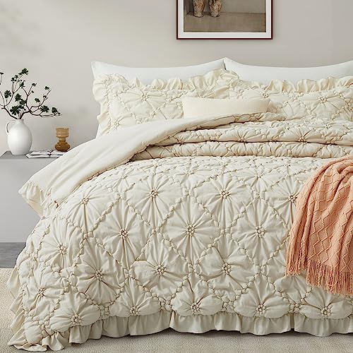 Beige King Comforter Set with Pinch Pleat Ruffle 3 Pieces - Microfiber Bedding