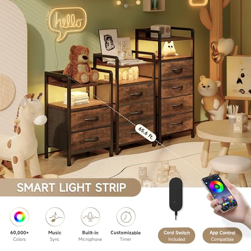 Lazzanto Rustic Brown Nightstand with 4 Drawers, Rear Charging Station & LED Light