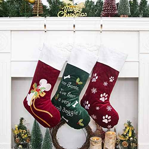 GEX Christmas Stockings for Dog Cat Pet 22" Large Quilted Lining Embroidery Luxury Lovely Velvet Hanging Ornament Decorations for Xmas Season (Burgundy)