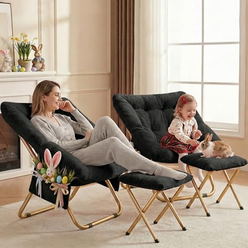 Kasunpul Black Foldable Faux Fur Lounge Chair - Oversized Comfy Seat for Bedroom & Living Room