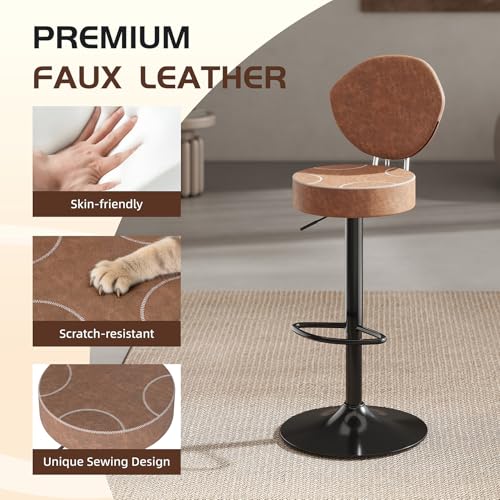 Ermnois Set of 2 Adjustable Brown Suede-Like Leather Swivel Bar Stools