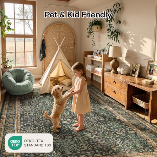 Dark Green 9x12 Washable Area Rug for Living Room Non-Slip Boho Carpet
