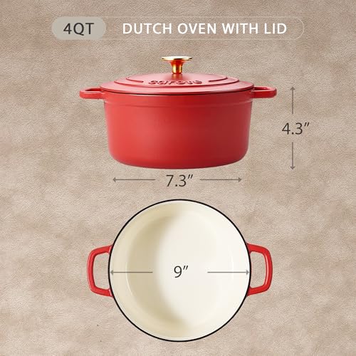 CAROTE 4QT Red Enameled Cast Iron Dutch Oven with Lid - Heavy Duty, Versatile Cooking Pot
