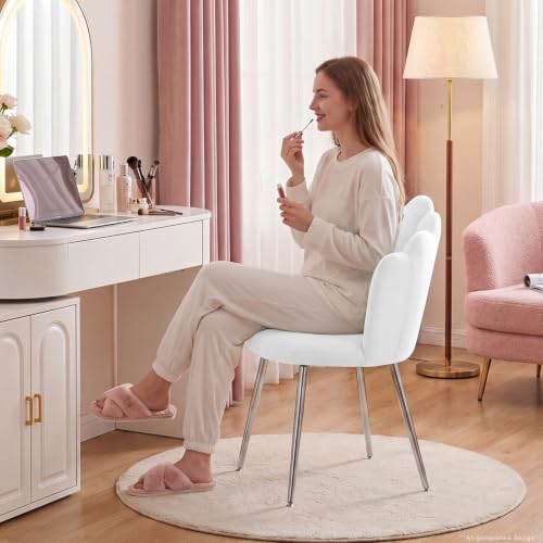 BOWTHY White Velvet Vanity Chair for Makeup Room - Midcentury Modern Accent with Metal Legs