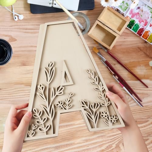 Layered 12 Inch Large Wooden Letters for Wall Decor, Flowered Paintable Wooden Nursery Letters for Crafts Wood Alphabet Letter M for Birthday Boho Nursery Name Sign Wedding Home Decoration
