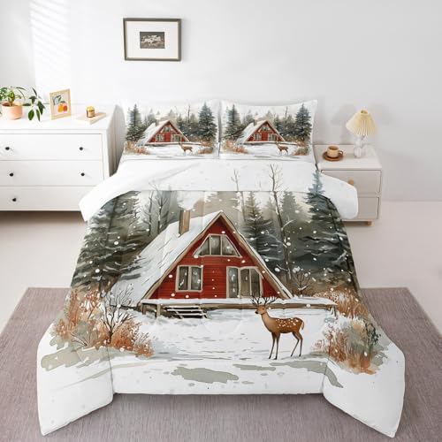 Manfei Cute Deer Bedding Set Queen – Green Red 3pc Comforter Set with Pillowcases, Kids Room Quilt