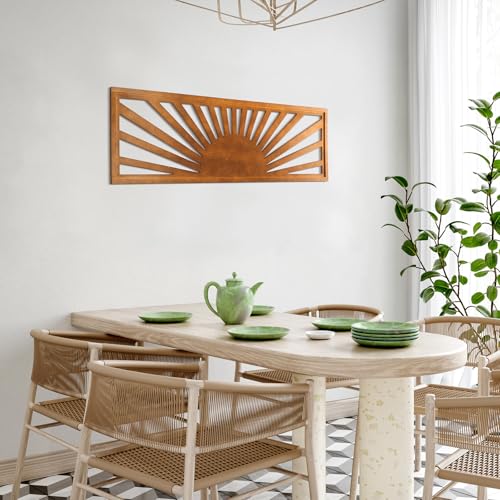 Burbell Horizontal Sun Wall Art - Boho Wooden Room Decor 35x12 Dark Brown