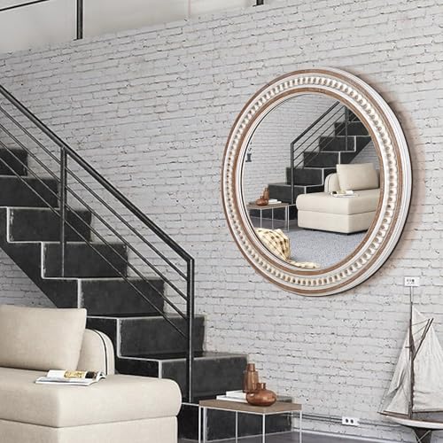 24 Inch Round Wooden Bathroom Mirror - Rustic Farmhouse Wall Decor - Style 1
