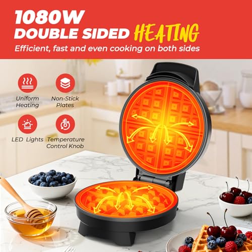 Novalife Black 7-Inch Round Classic Belgian Waffle Maker with Adjustable Browning Control