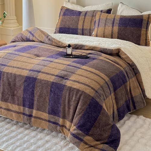 Cyusri Khaki & Blue Plaid Sherpa Comforter Set Queen Size 90x90 with 2 Pillowcases