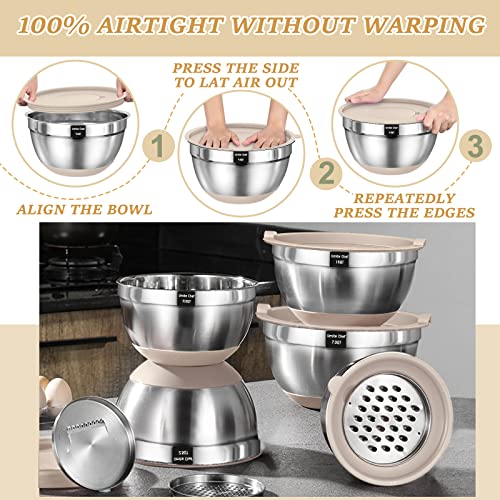 Umite Chef Khaki Stainless Steel Mixing Bowls Set with Airtight Lids & Graters – 26pcs, Non-Slip Bottoms, 7QT to 1QT Sizes