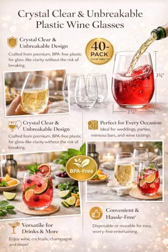 12 oz Disposable Stemless Plastic Wine Glasses Bulk Pack - Clear, Reusable & Shatterproof