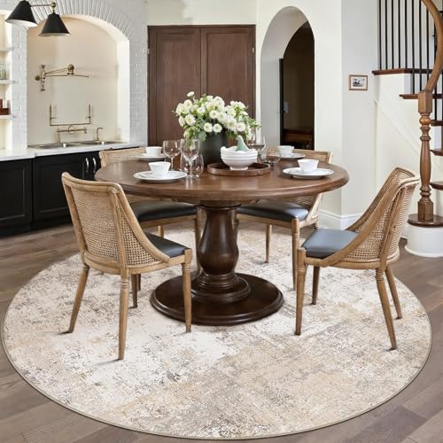 Beige Grey Abstract Round Rug - Low Pile 8ft Indoor Floor Covering with Non-Slip Backing